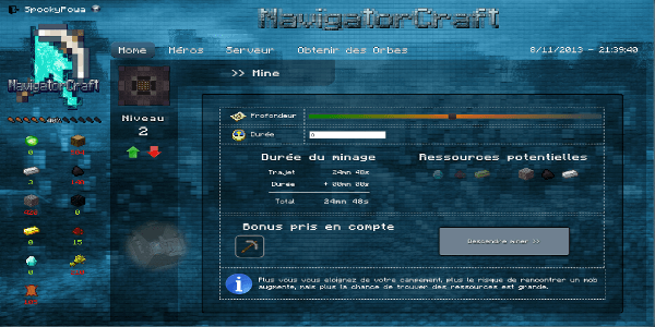 NavigatorCraft - Lorque vous partez miner, vous aurez plusieurs paramètres à définir.