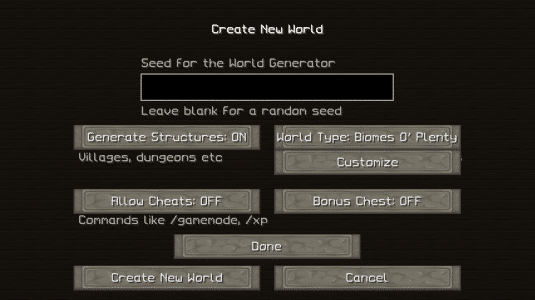 Selection du World Type : Biome O' Plenty