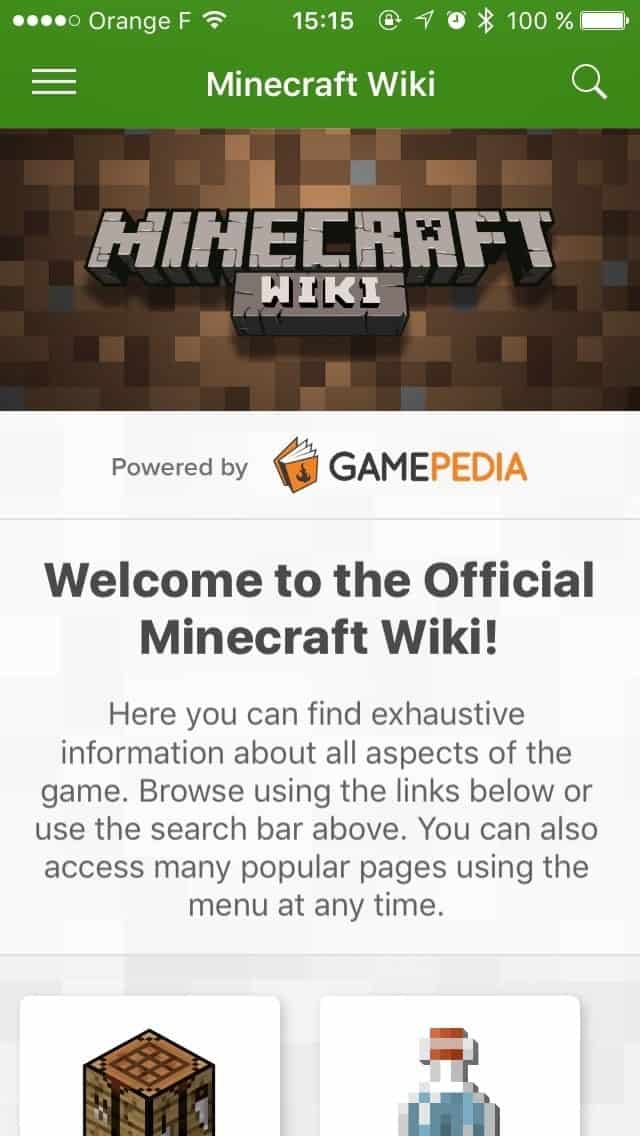 Accueil de l'application de Minecraft Wiki