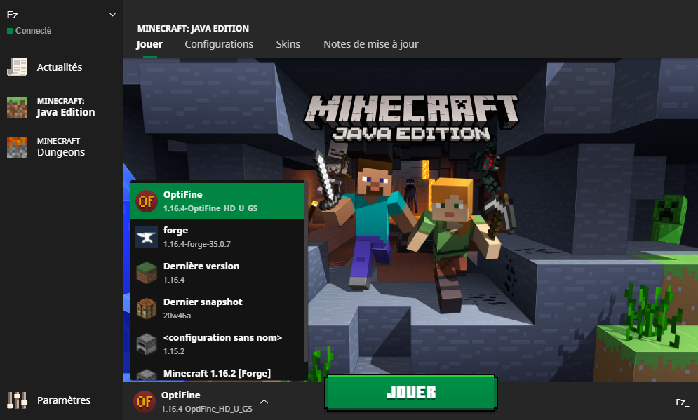 Profil Optifine sur le launcher Minecraft