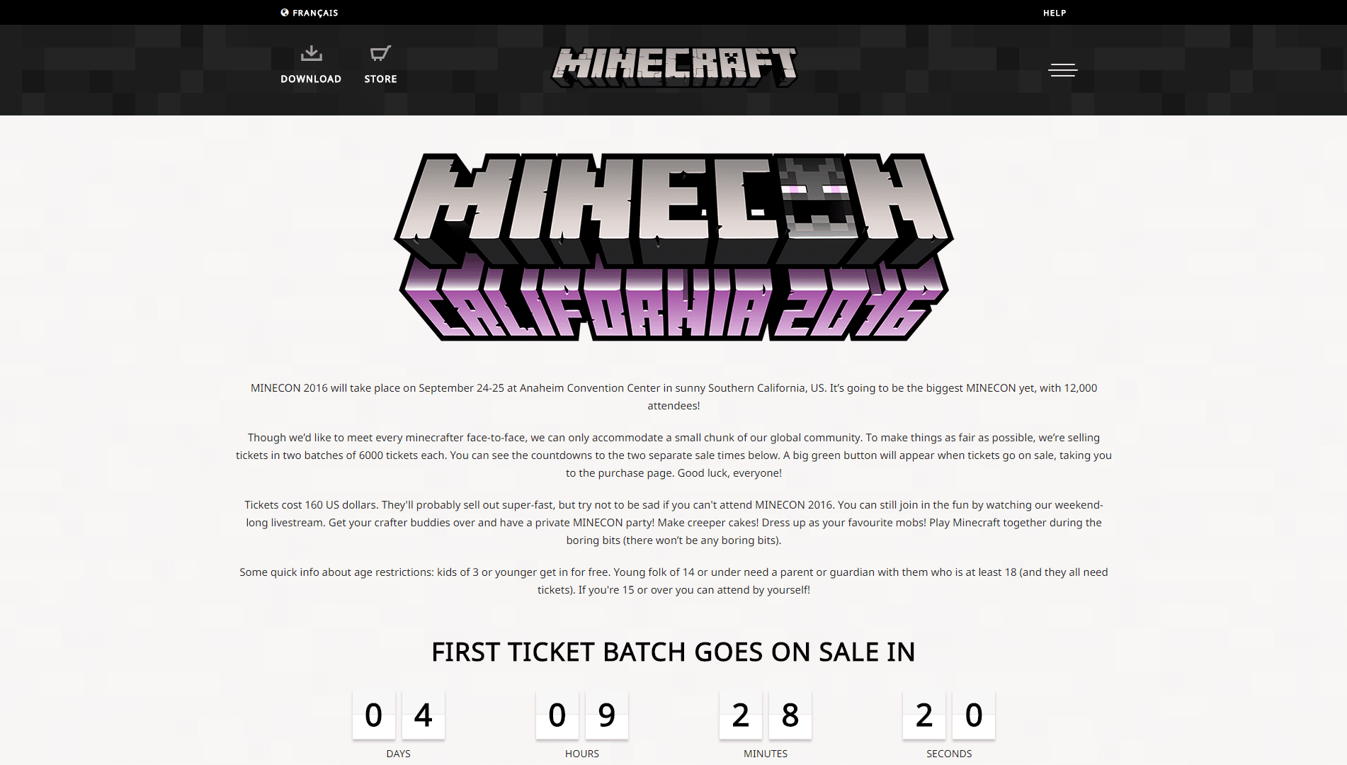information minecon 2016 sur le nouveau Minecraft.net