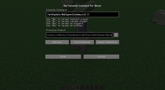 Interface du bloc de commande, je peux récupérer les data-tags dans le previous output et les réutiliser dans une commande /summon
