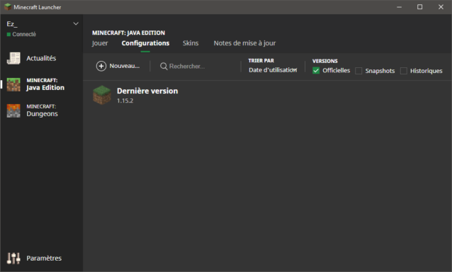 Menu de configuration du launcher Minecraft