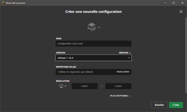 Création d'un nouveau profil avec Minecraft 1.14.4