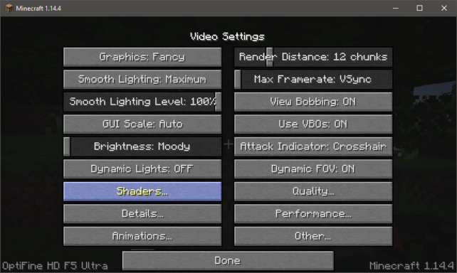 Option Shader dans Minecraft
