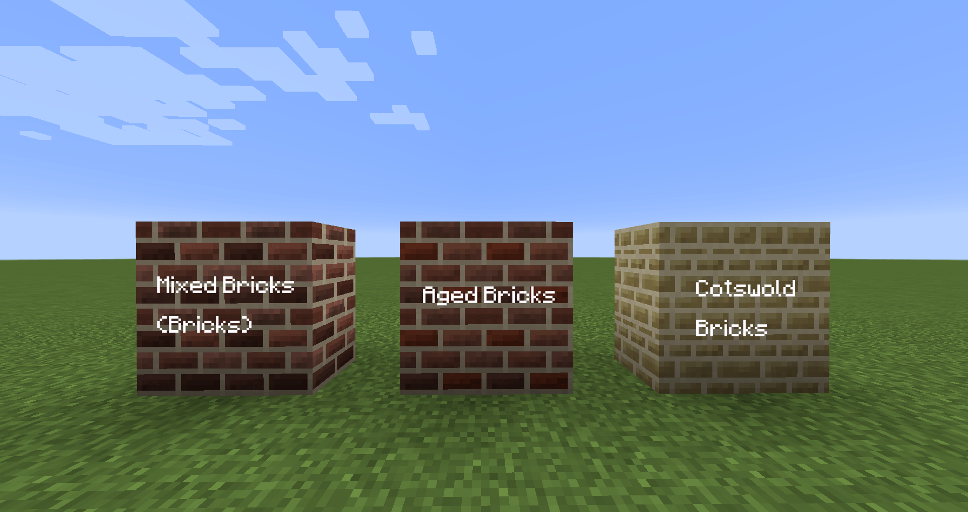 Les briques dans Just Build It Différents blocs de briques et variantes décoratives du mod Just Build It
