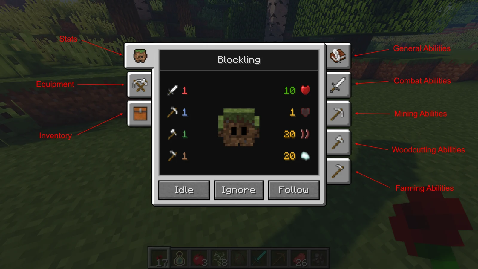 Onglet Stats de Blocklings 6 affichant les compétences et les boutons de comportement