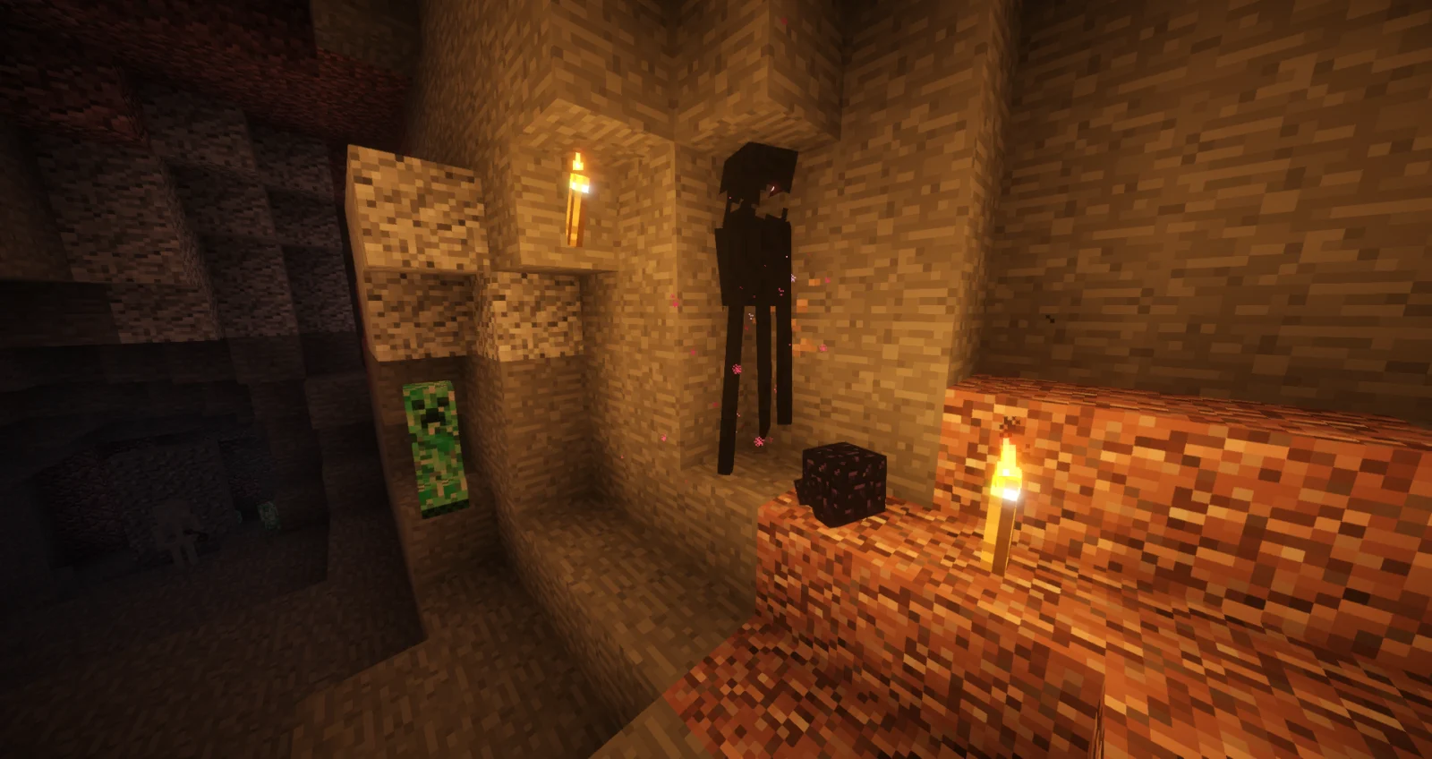 Blockling accompagnant le joueur dans une caverne Minecraft