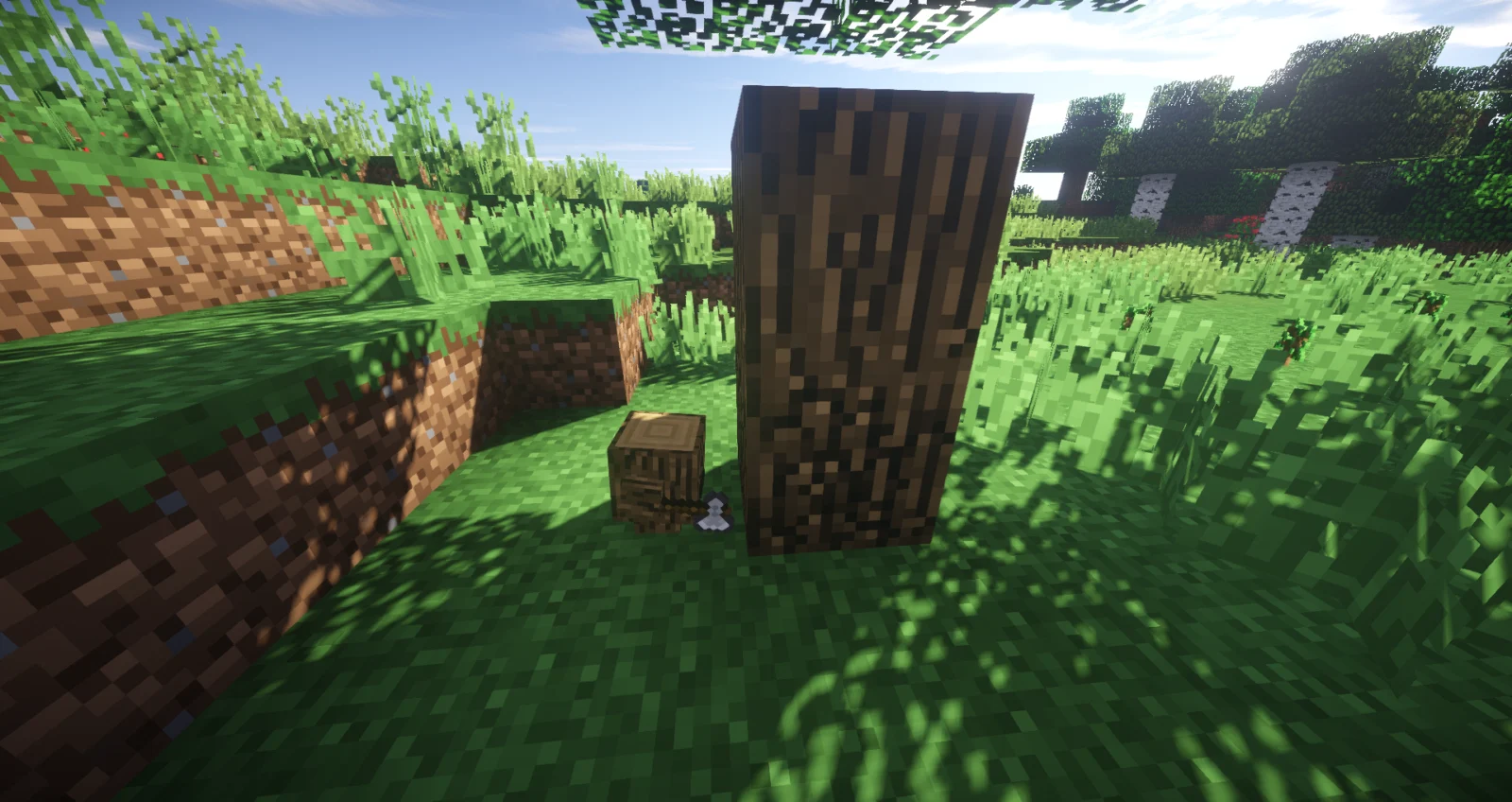 Blockling équipé d’une hache en train de couper du bois