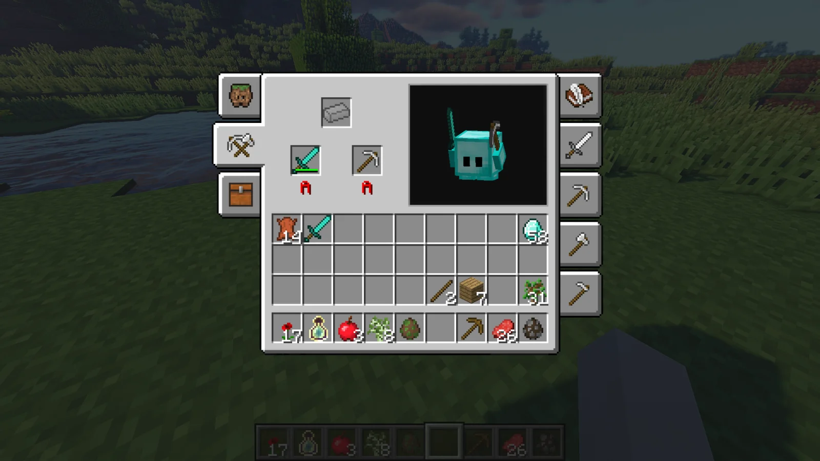 Onglet Equipment de Blocklings 6 avec les outils et le changement de matériau
