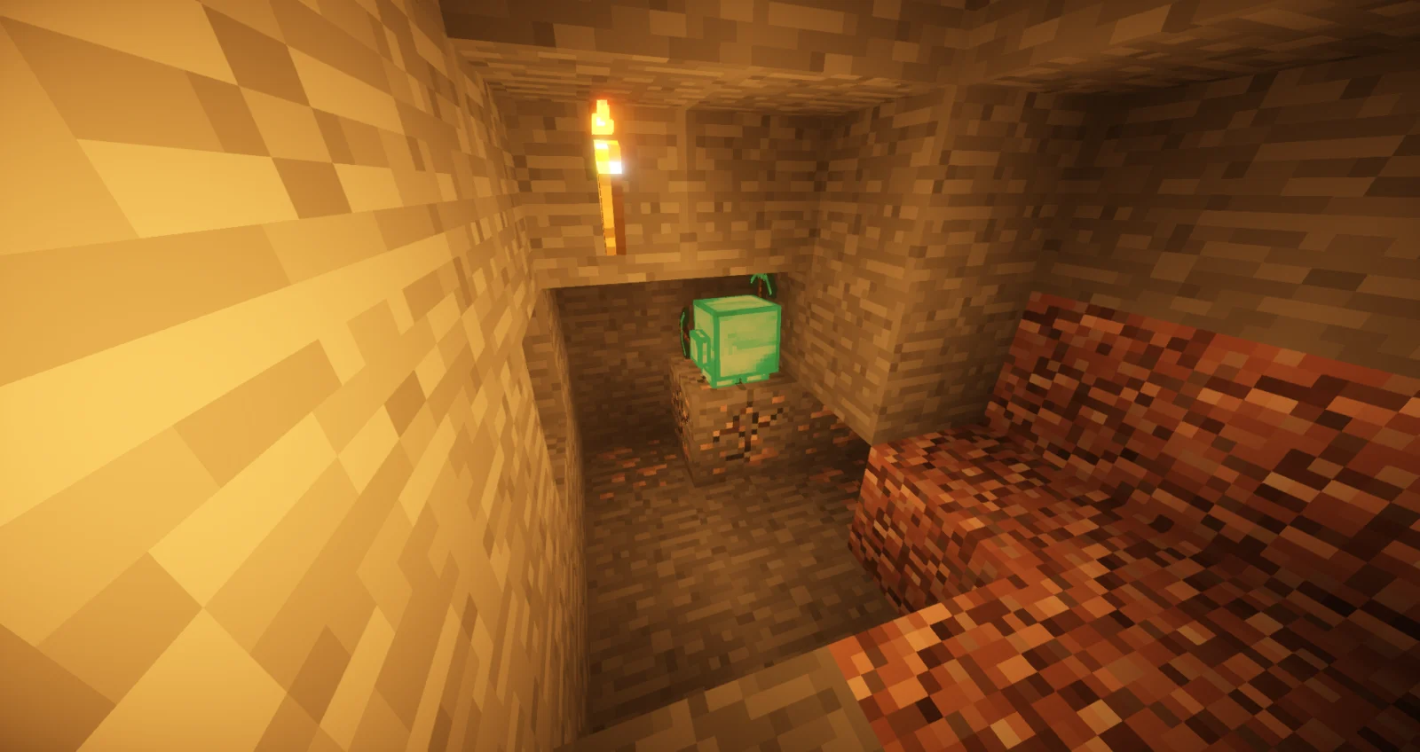 Blockling minant du minerai dans une galerie souterraine Minecraft