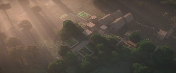 Un village avec des rayons de soleil