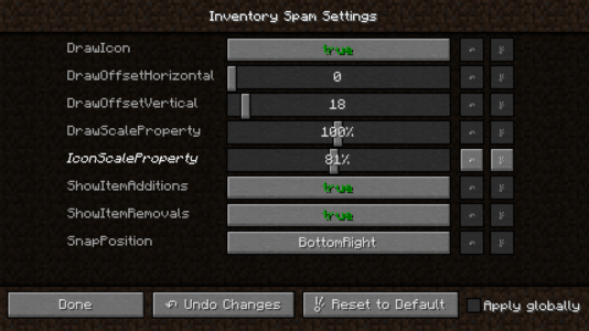 Interface de configuration du mod Inventory Spam