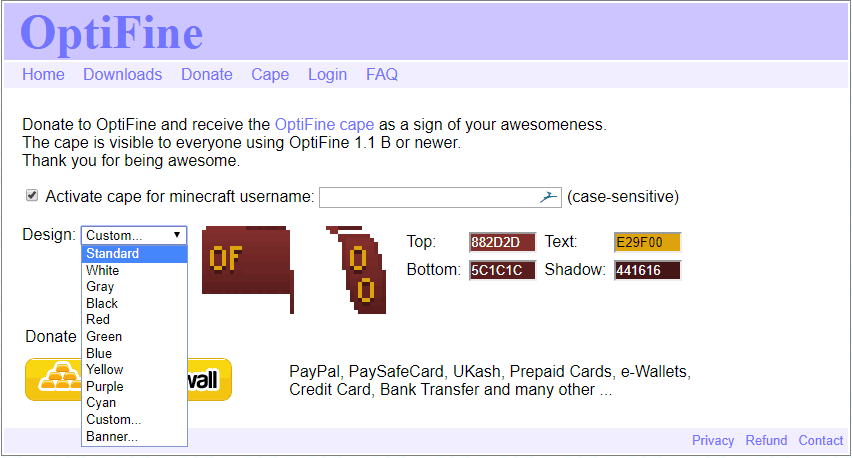 Sélection de la cape Optifine