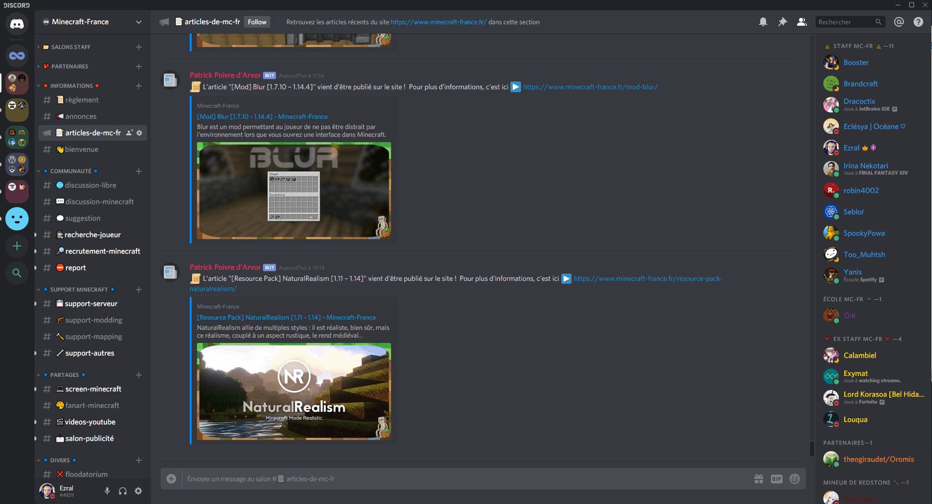 Interface du Discord de Minecraft-France