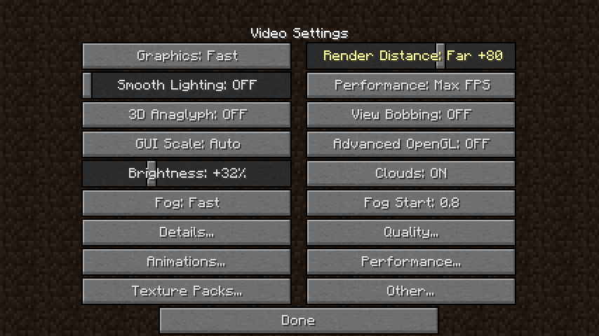 Présentation de l'interface de paramétrage du rendu à distance avec Optifine