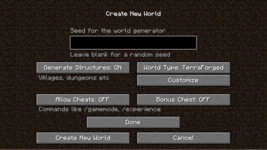 Interface pour modifier le type de monde avec TerraForged