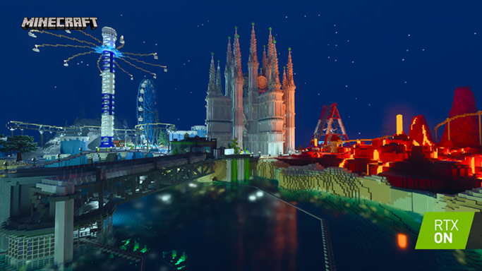 Un château qui est au centre du parc d'attraction dans Minecraft
