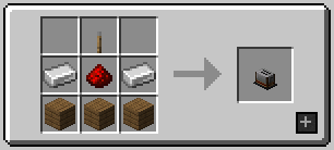 Craft du toaster : un levier en haut, deux lingots de fer et une redstone au centre avec en dessous 3 planches. 