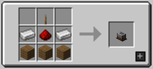 Craft du toaster : un levier en haut, deux lingots de fer et une redstone au centre avec en dessous 3 planches.