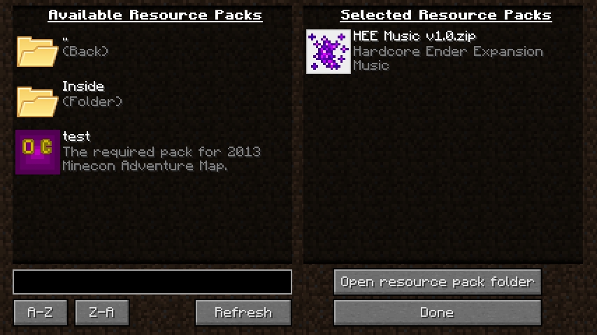 Organisation du menu des resource pack