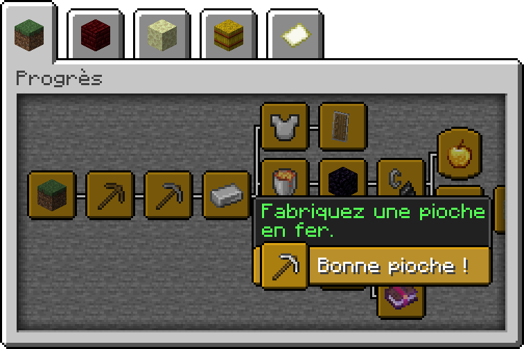 Interface des progrès dans Minecraft