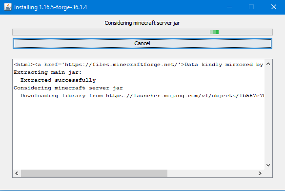 Installation en cours de Forge Minecraft
