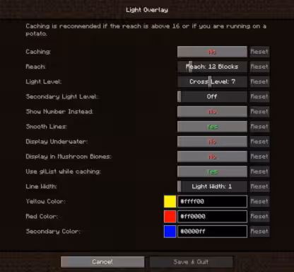 Light Overlay Menu de configuration