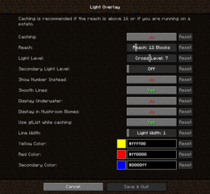 Light Overlay Menu de configuration