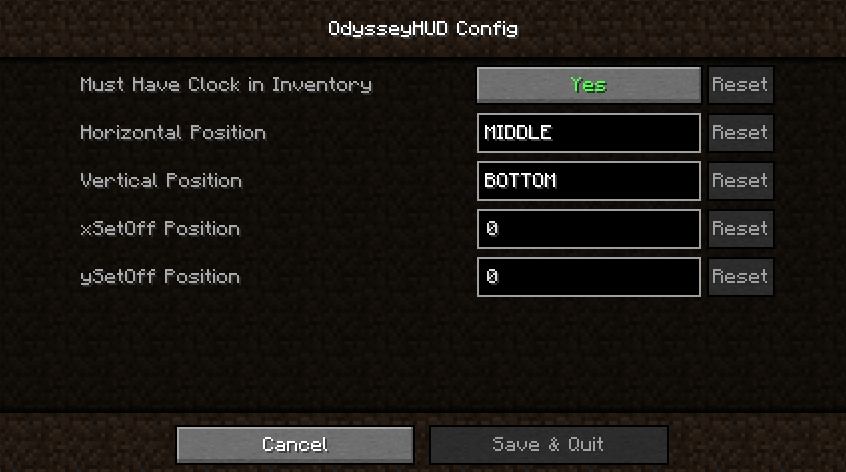 Menu de configuration du mod Odyssey