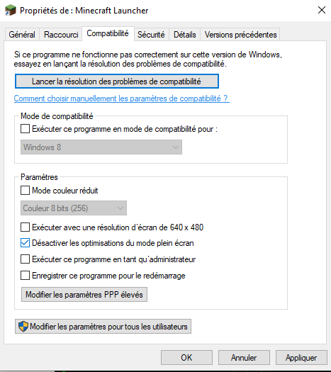 desactiver optimisation plein ecran minecraft