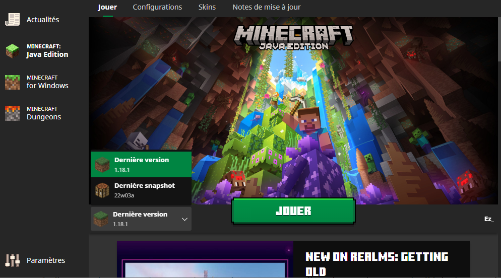 menu deroulrant version minecraft