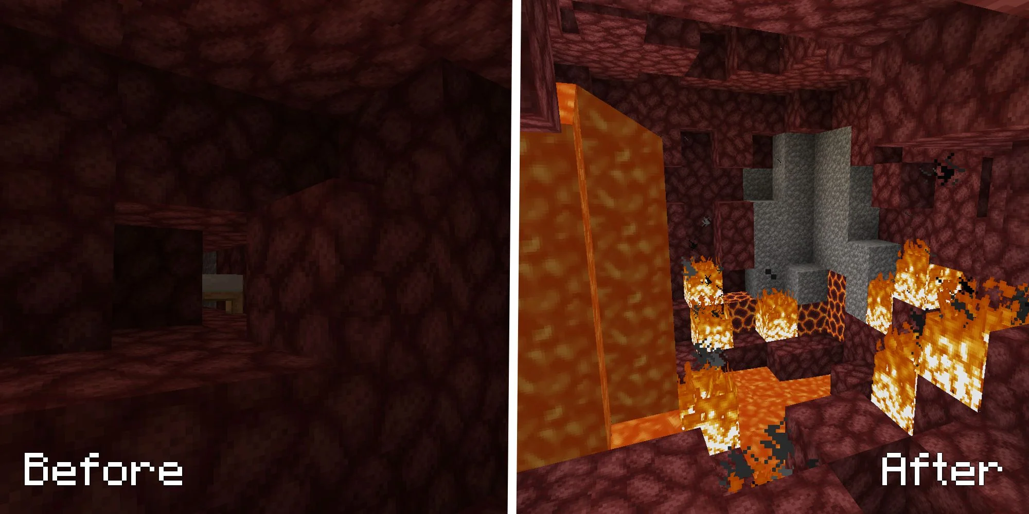 Minecraft before and after blowing up a bed in the nether