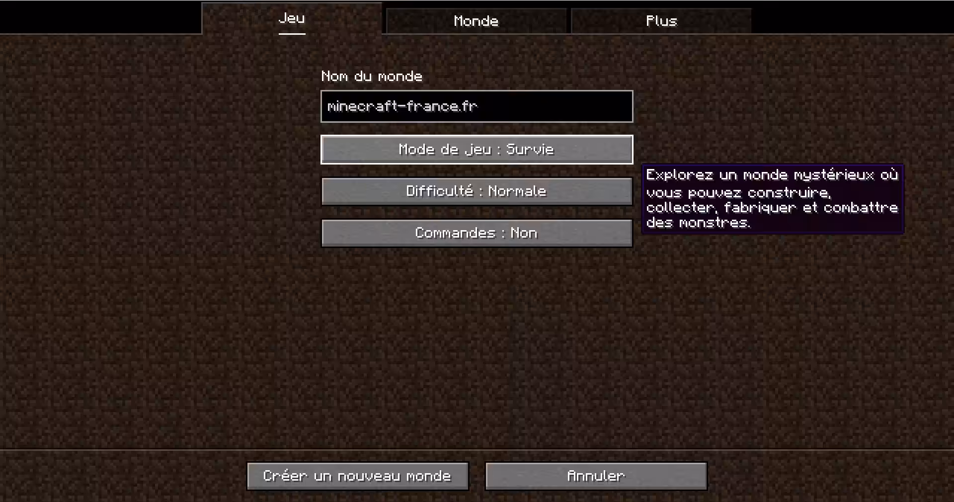 Menu de creation de monde 1.19.4