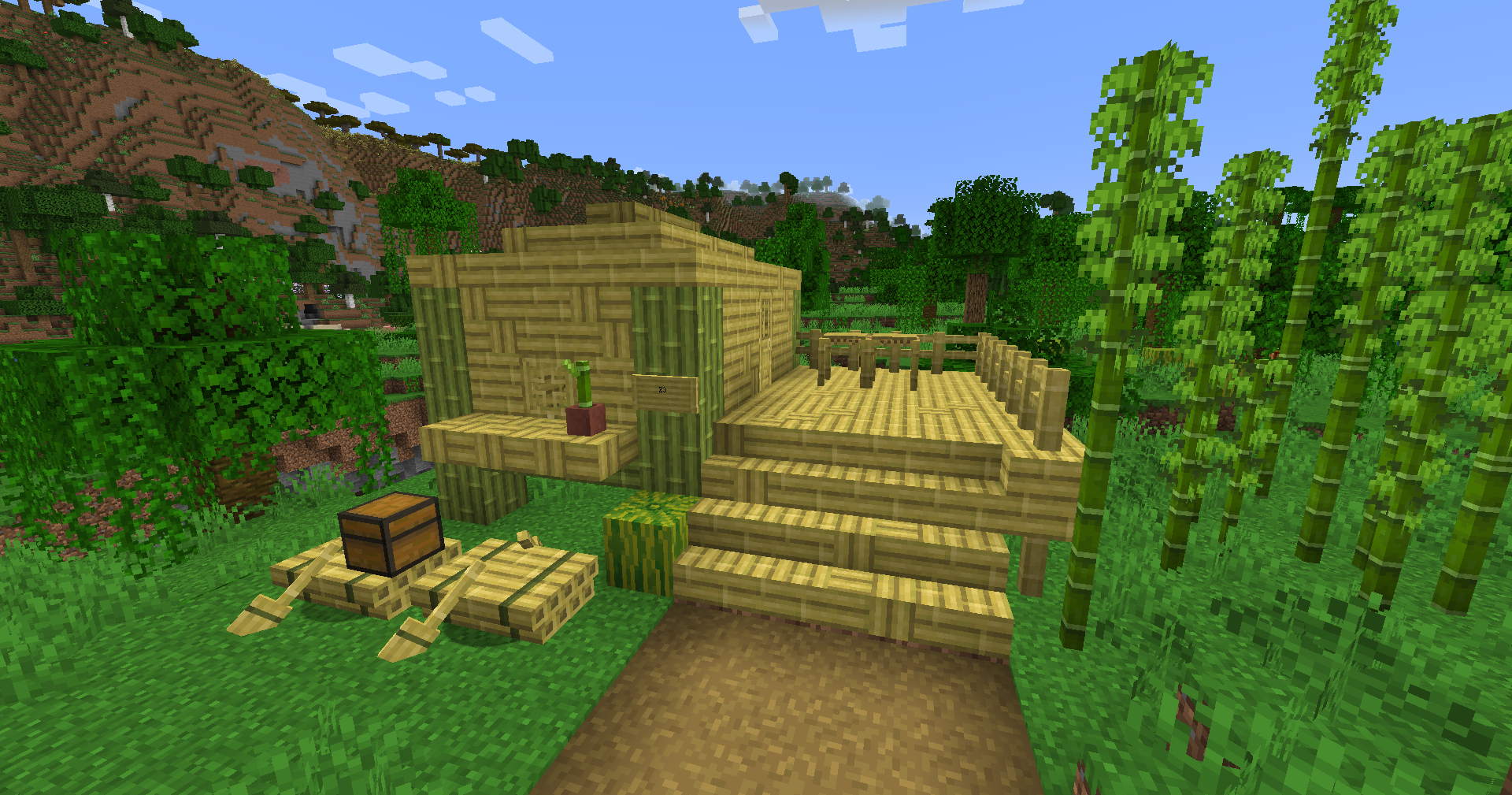 Charrette en bois dans un chemin de terre minecraft