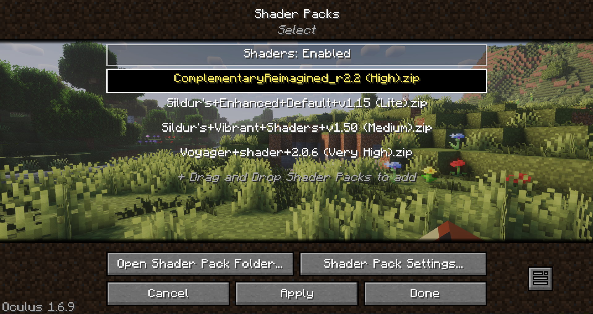 liste des shaders modpack Immersive with shaders