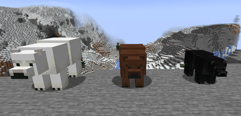 Ours polaire, ours brun et ours noir alignés dans Minecraft avec le mod Bear Minimum