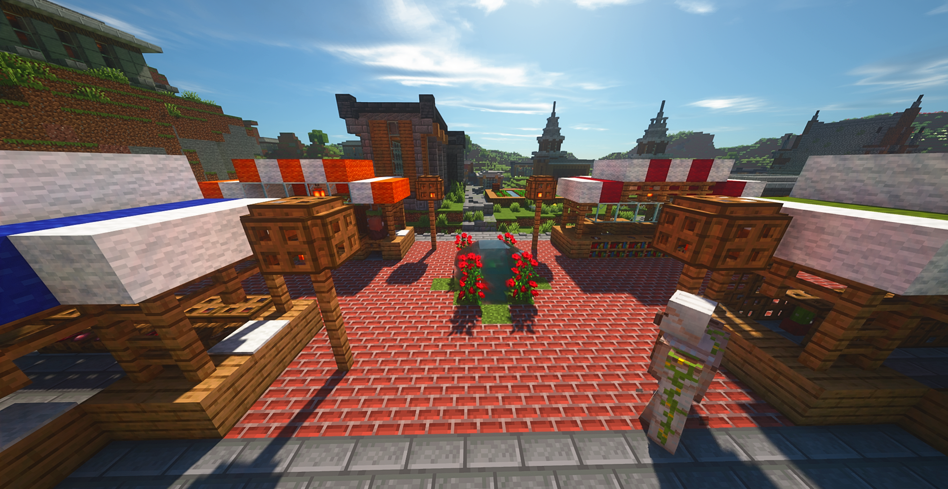 Un aperçu du marché du village des plaines, avec des étals colorés et une place centrale réorganisée pour favoriser l’animation.