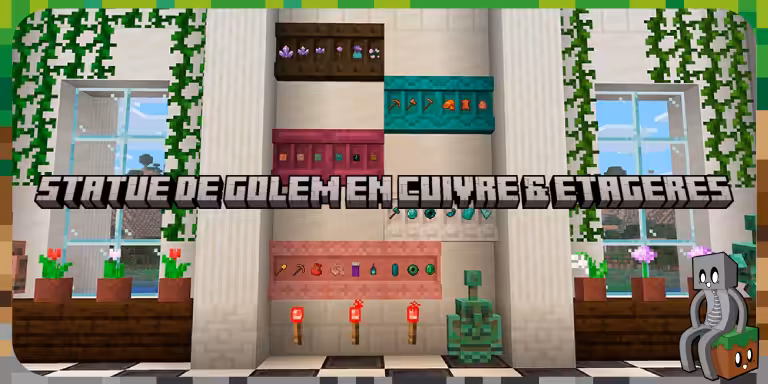 Statues de golem de cuivre et étagères : deux nouveautés en test dans Minecraft Statue de golem en cuivre et étagères