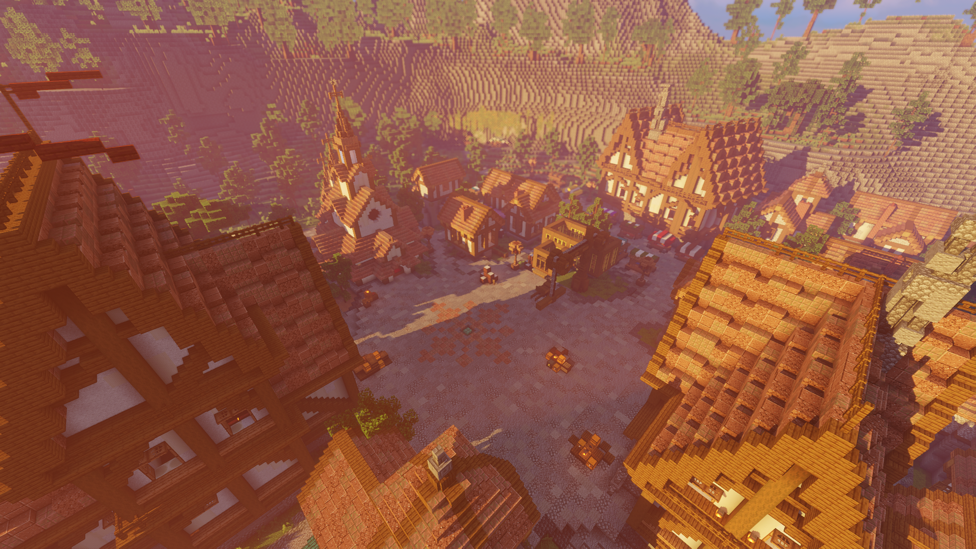 Point de spawn central de la map du serveur Minecraft avec la montagne au loin