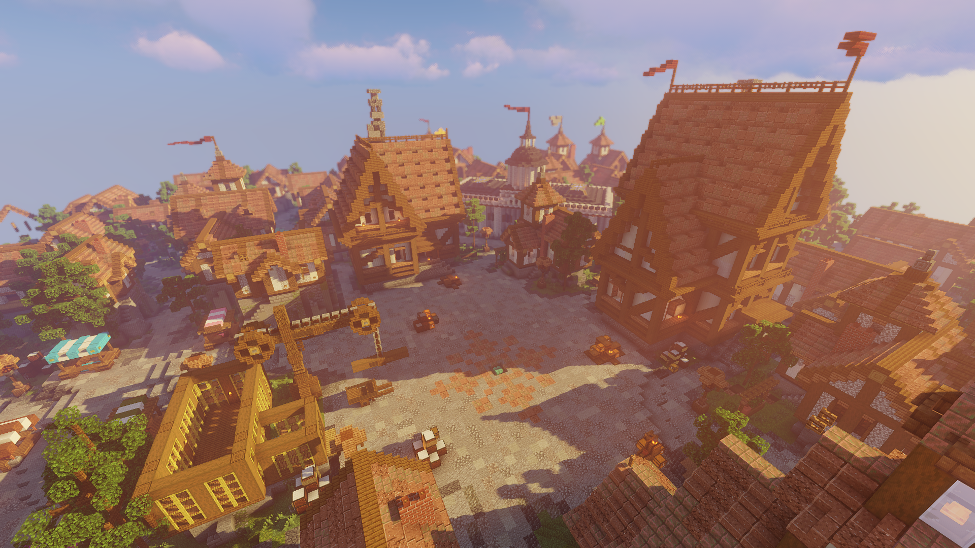 Point de spawn central de la map du serveur Minecraft avec l'horizon au loin
