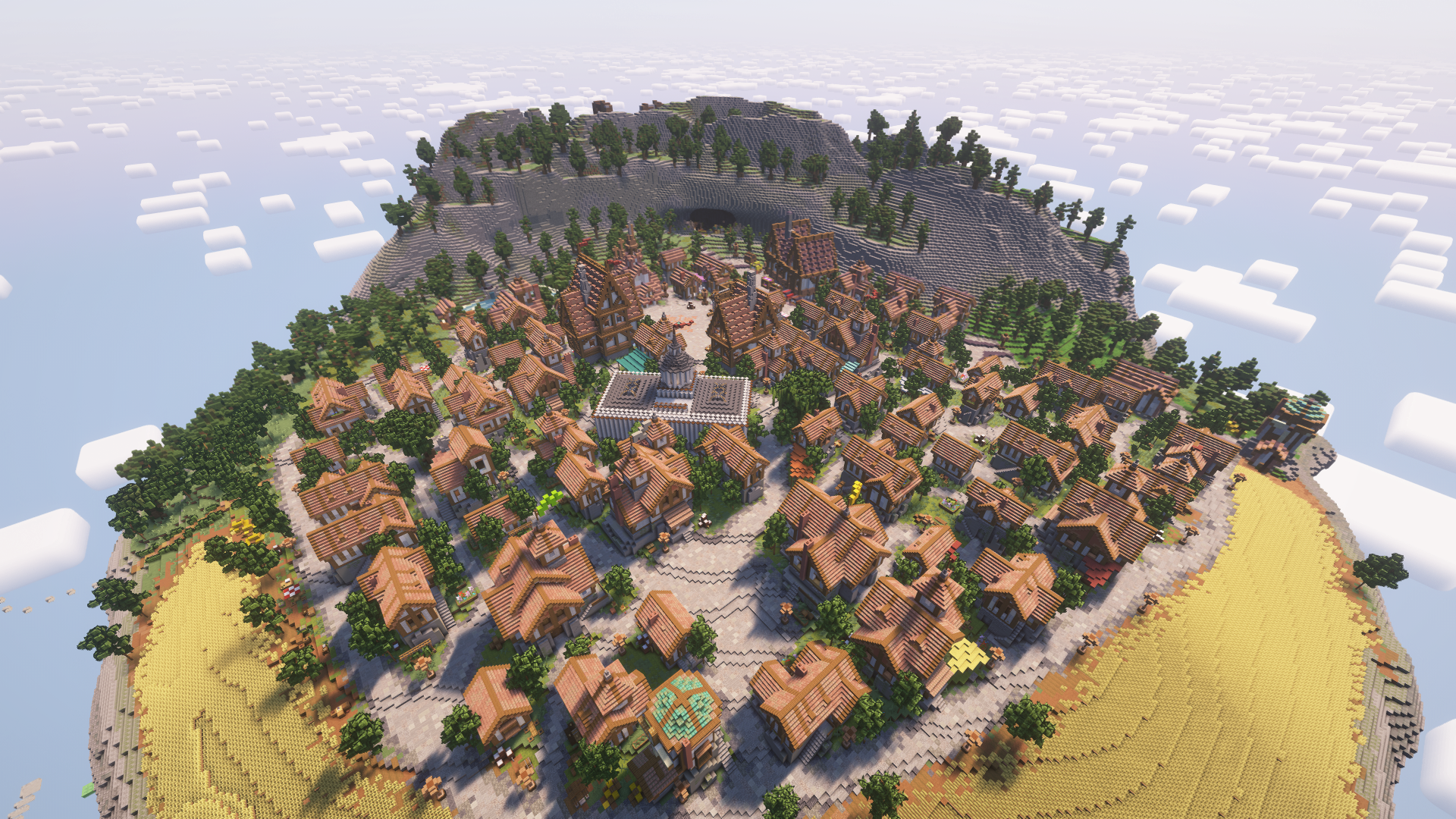 Vue du spawn au-dessus des nuages du serveur Minecraft