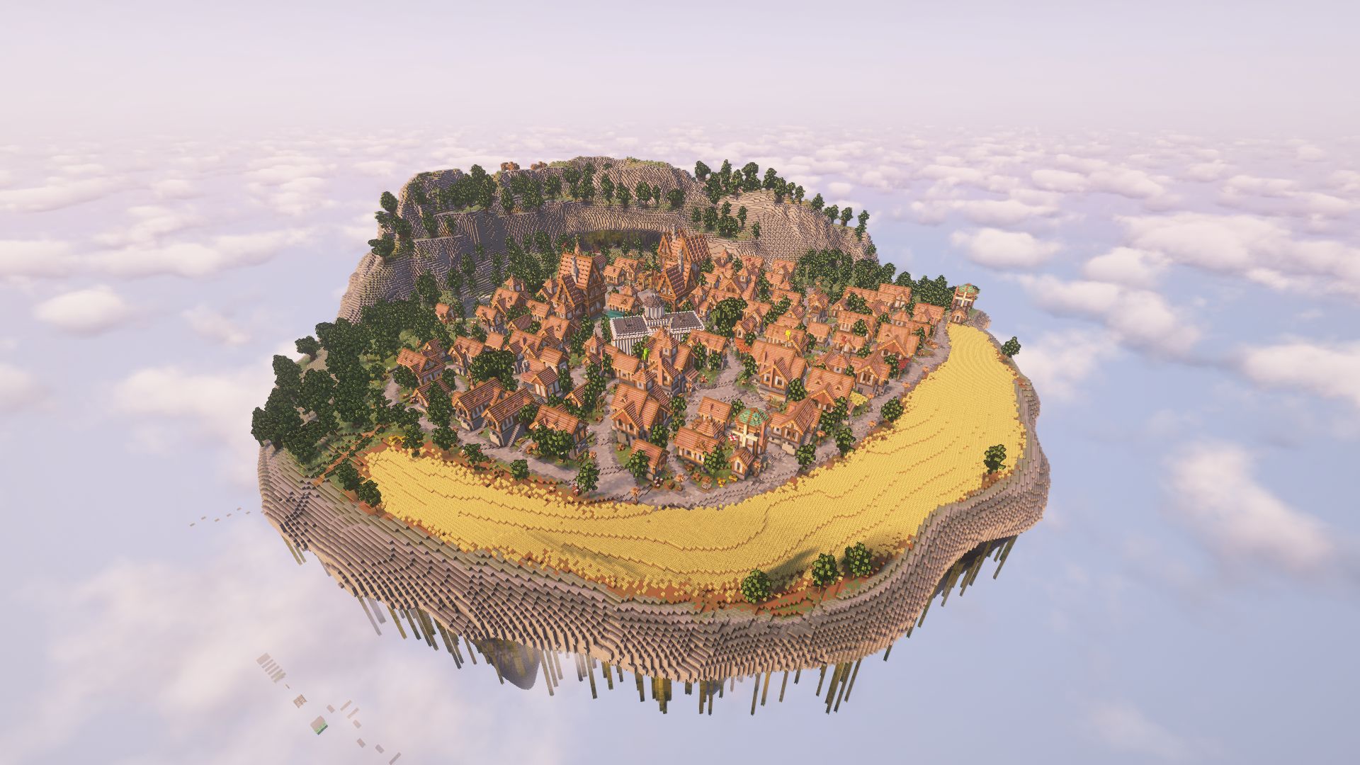 Vue du spawn au-dessus des nuages du serveur Minecraft
