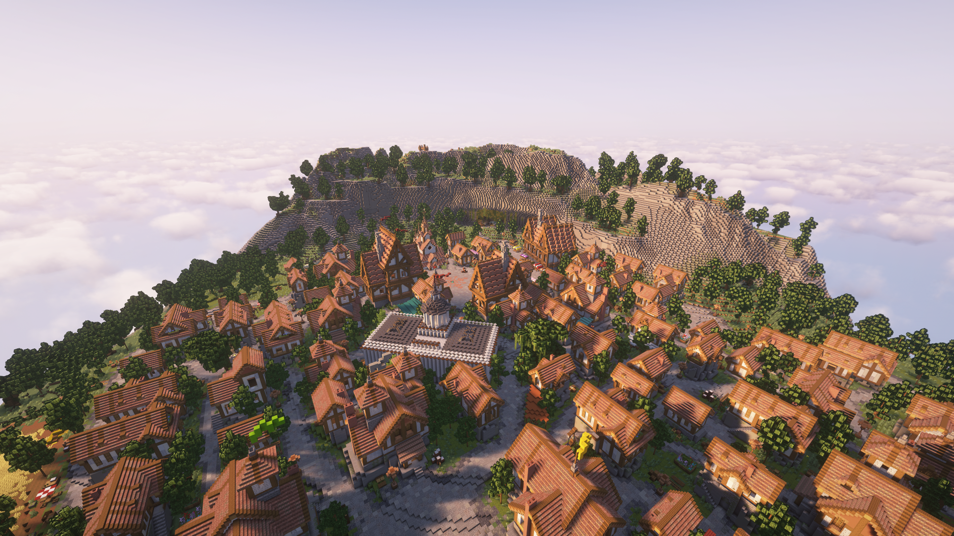 Vue du spawn du serveur survie avec le tribunal au centre