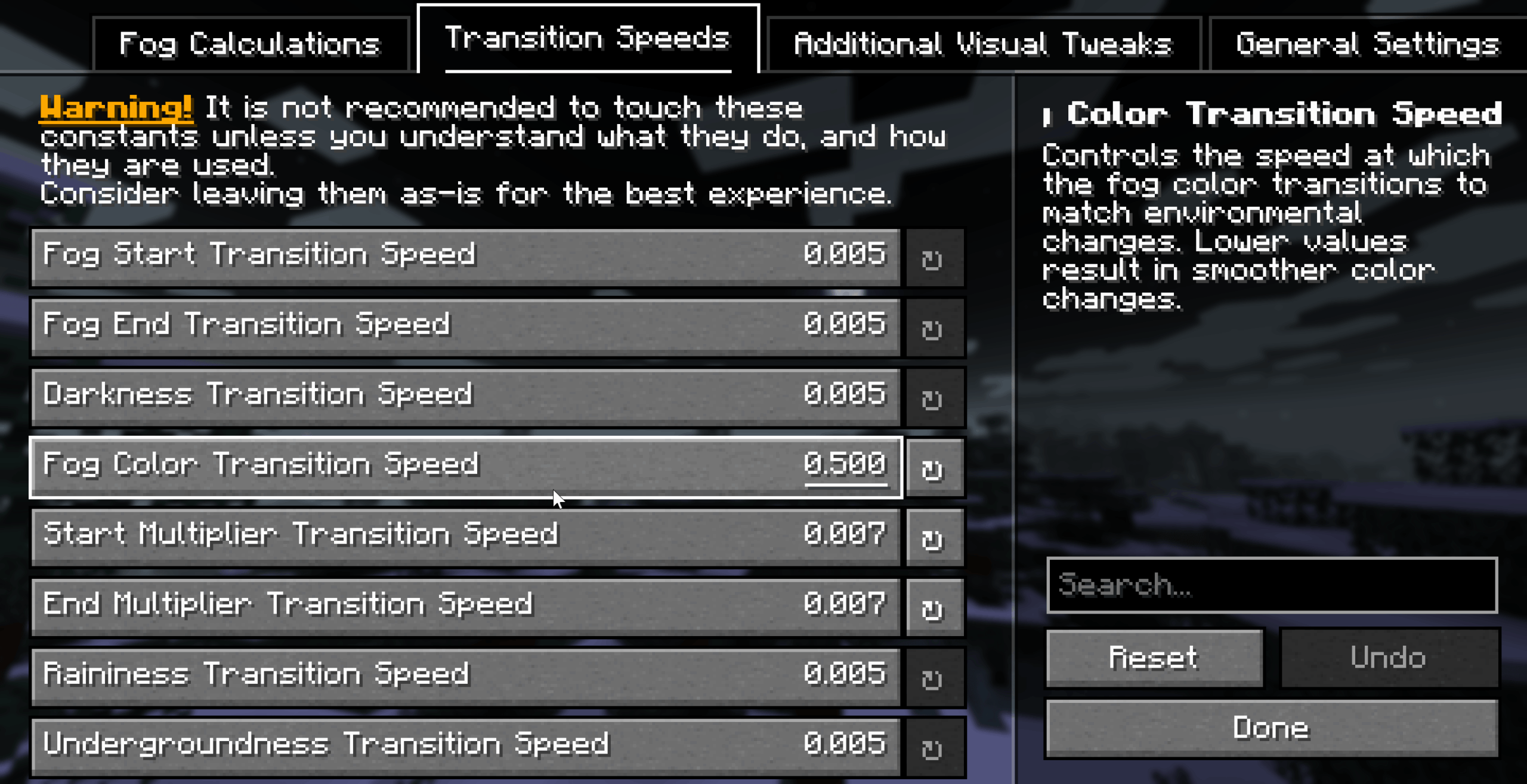 Écran de configuration de Fog (YACL / Mod Menu)