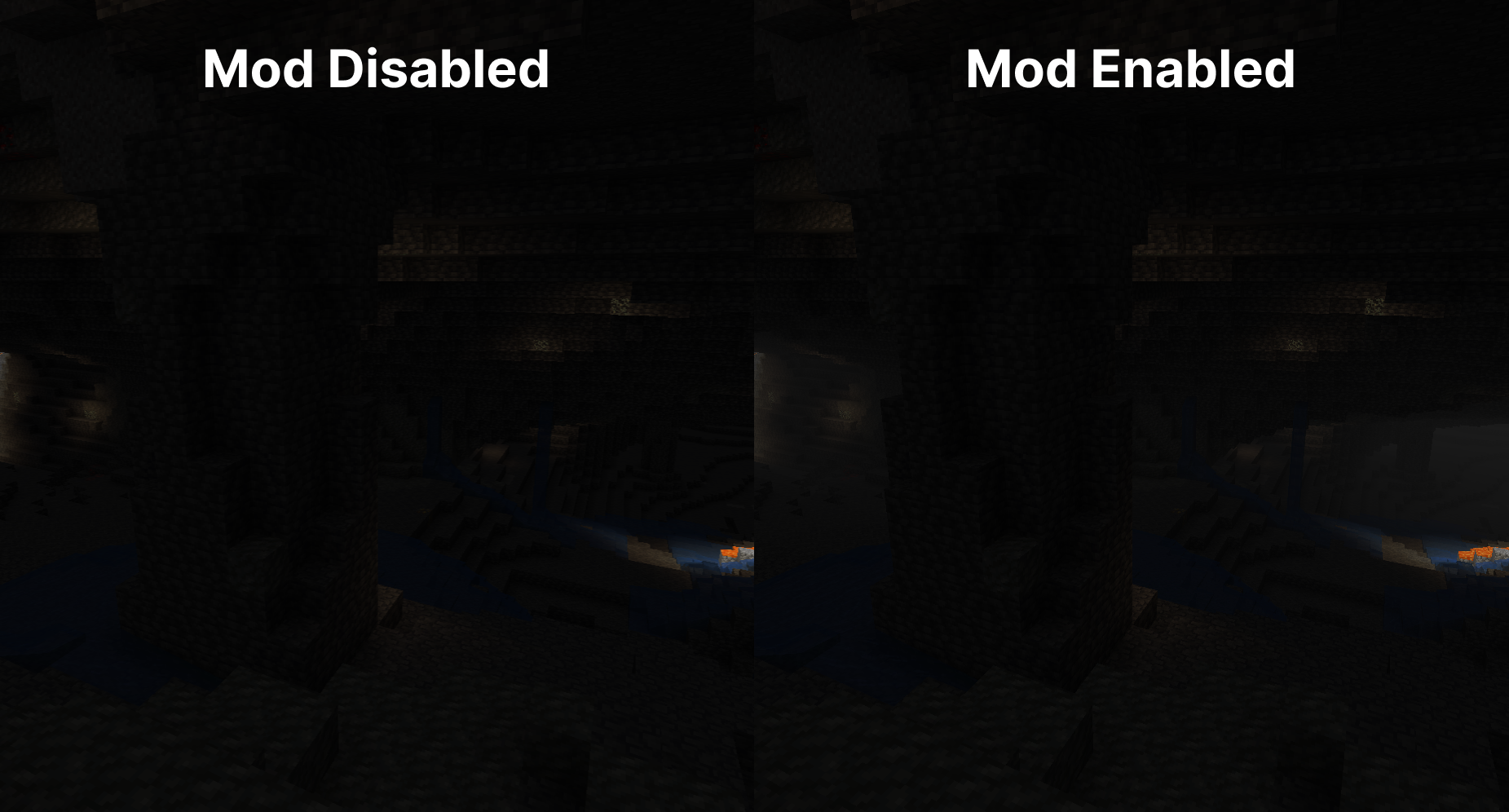 Comparatif brouillard en grotte — Fog activé vs désactivé (Minecraft)