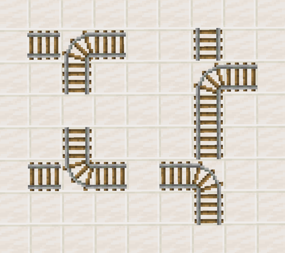 Disposition initiale d’un rail en intersection en T dans Minecraft, avant que les rails soient reliés.