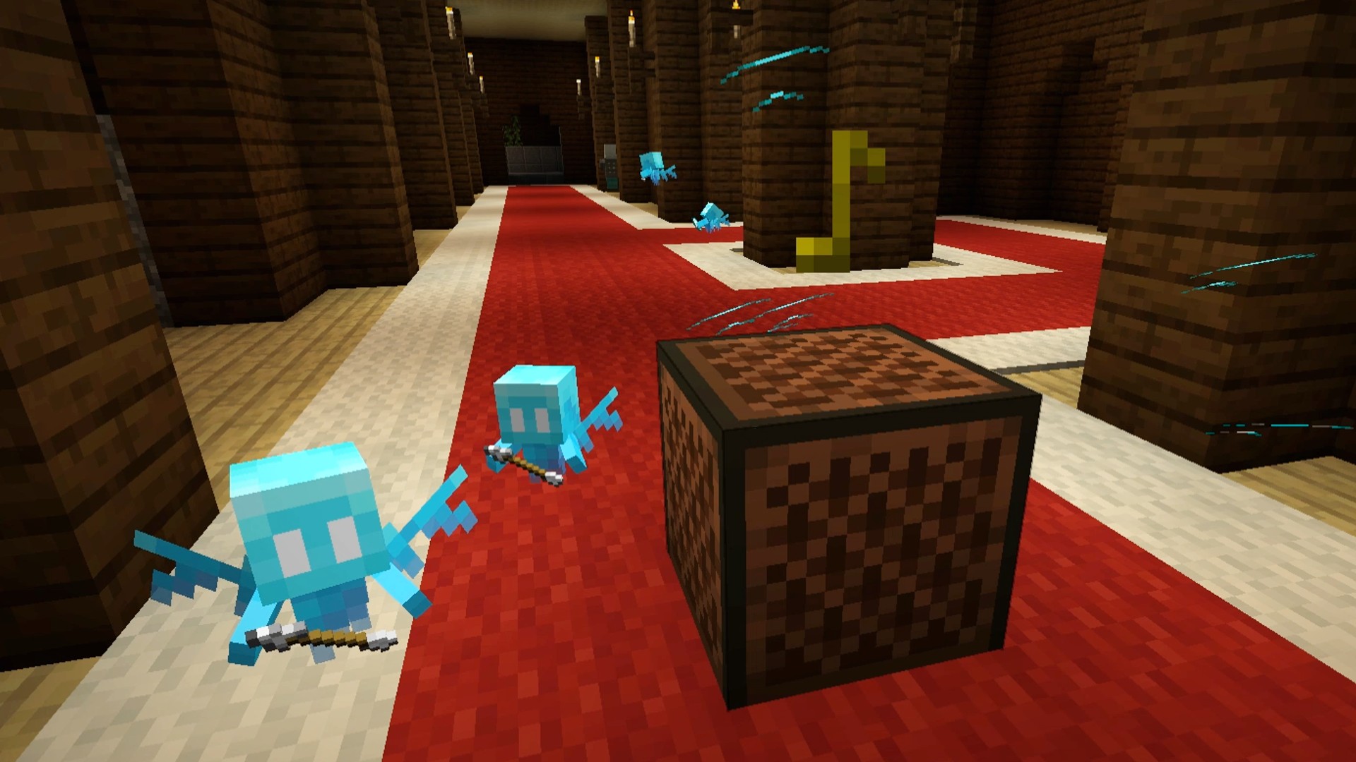 Deux allays près d’un bloc musical actif déposent leurs objets à côté – Minecraft.