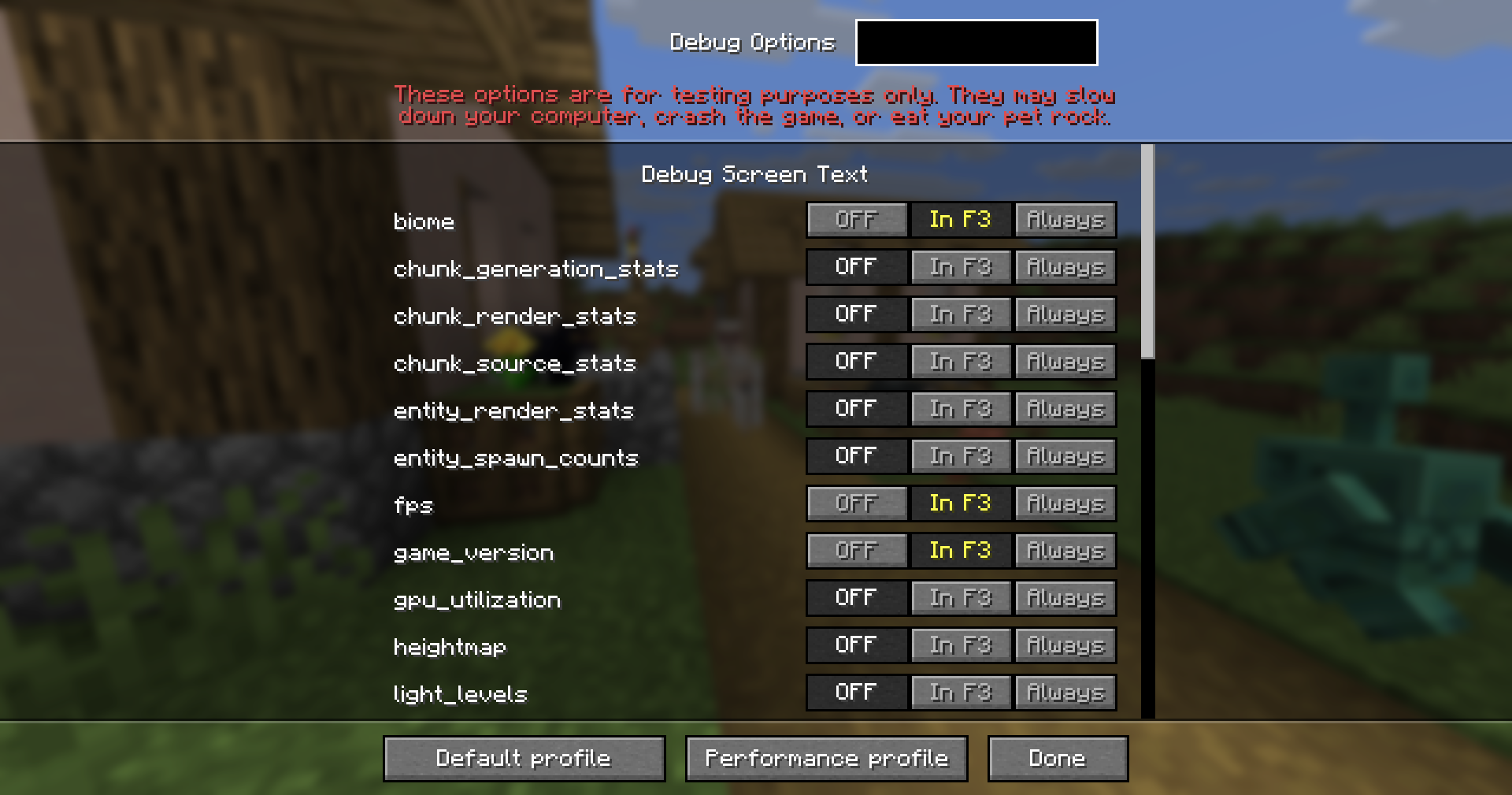 Options de débogage 1.21.9