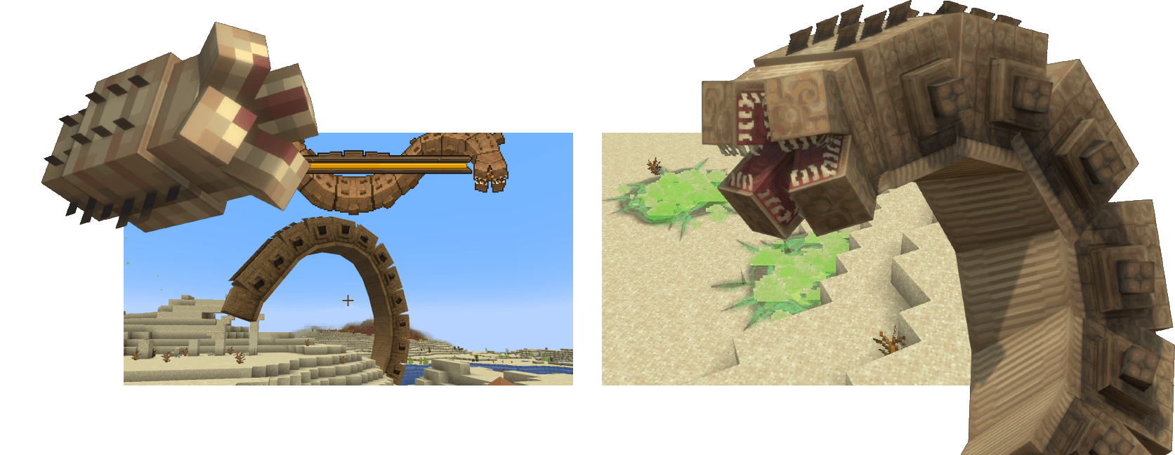 Le Sandworm apparaissant sous les sables du désert dans Minecraft.